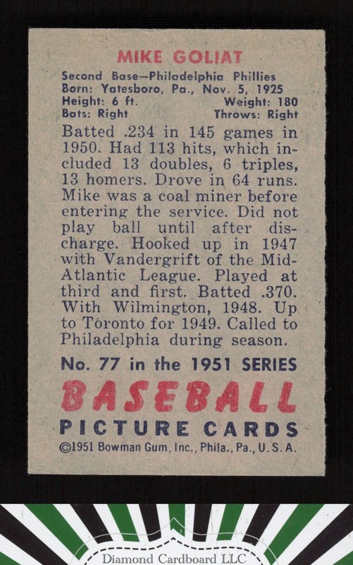1951 Bowman #77 Mike Goliat VGEX+, back