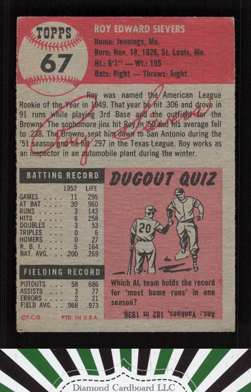 1953 Topps #67 Roy Sievers VGEX (ST) b, back