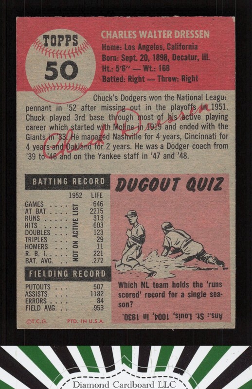 1953 Topps #50 Chuck Dressen EX [CENTERED] g, back