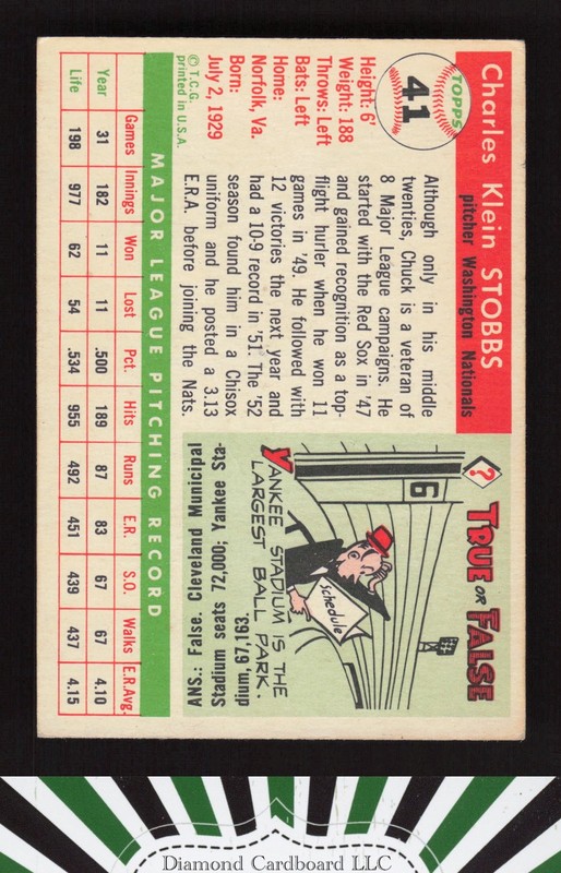 1955 Topps #41 Chuck Stobbs VG h, back