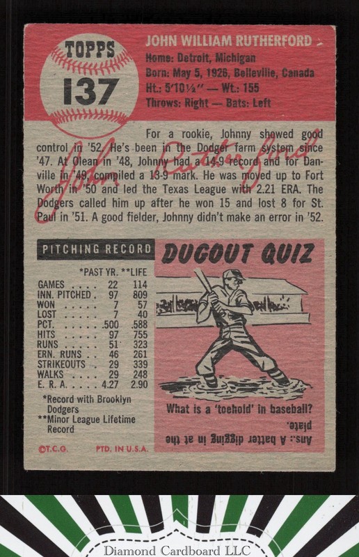 1953 Topps #137 John Rutherford : Bio uses black text VGEX f, back
