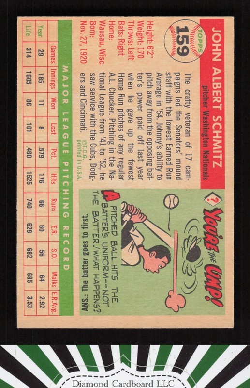 1955 Topps #159 Johnny Schmitz VGEX j, back