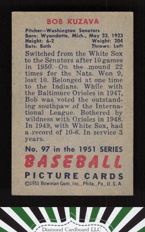 1951 Bowman #97 Bob Kuzava VGEX, back
