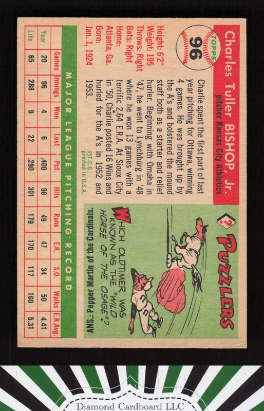 1955 Topps #96 Charlie Bishop VGEX+ m, back