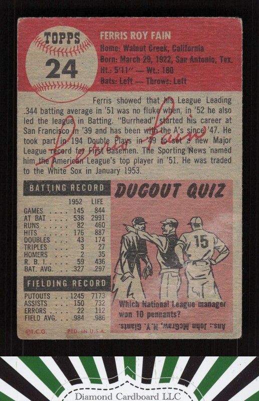 1953 Topps #24 Ferris Fain GD+ [CENTERED] a, back