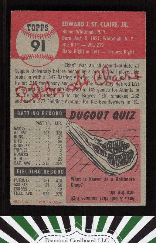 1953 Topps #91 Ebba St. Claire : Bio uses white text VGEX+ g, back