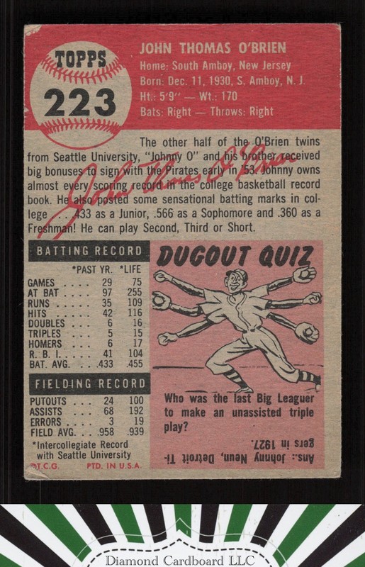 1953 Topps #223 Johnny O'Brien VG+ d, back