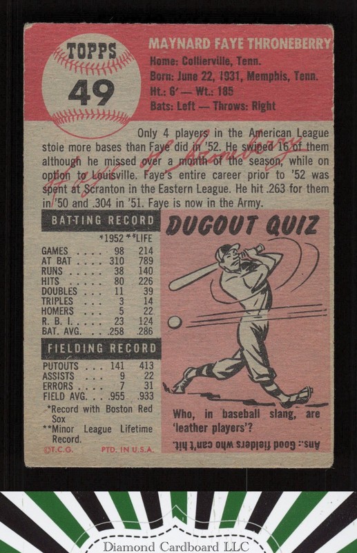 1953 Topps #49 Faye Throneberry VGEX c, back