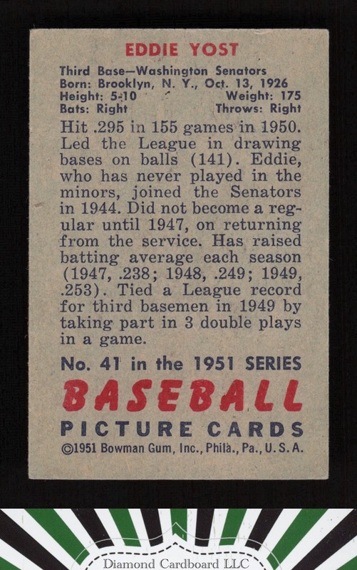 1951 Bowman #41 Eddie Yost VGEX, back