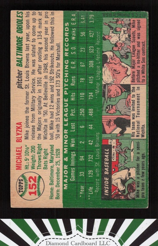 1954 Topps #152 Mike Blyzka VGEX i, back