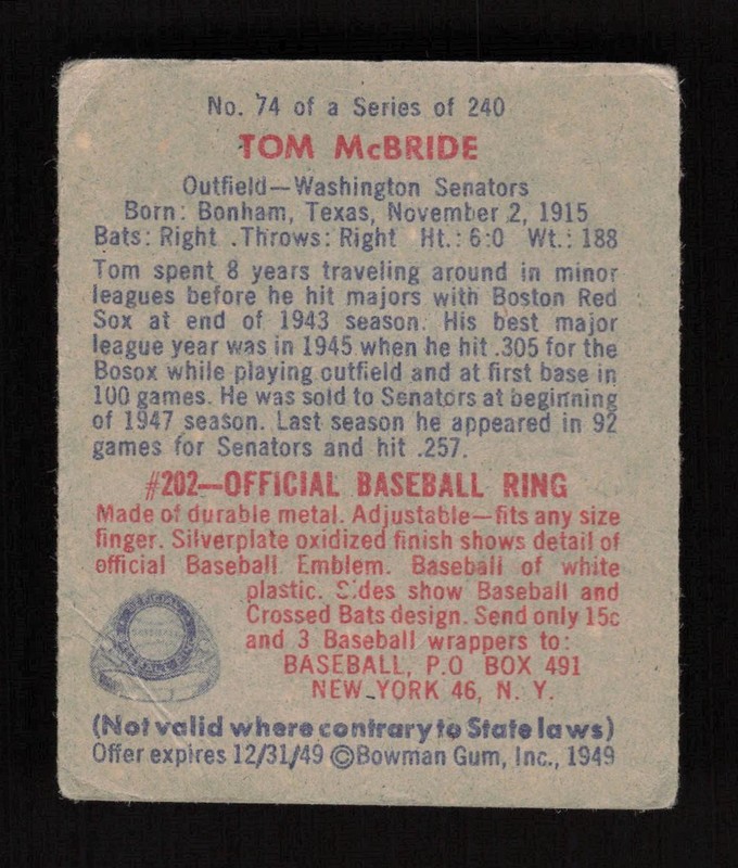 1949 Bowman #74 Tom McBride GD+, back