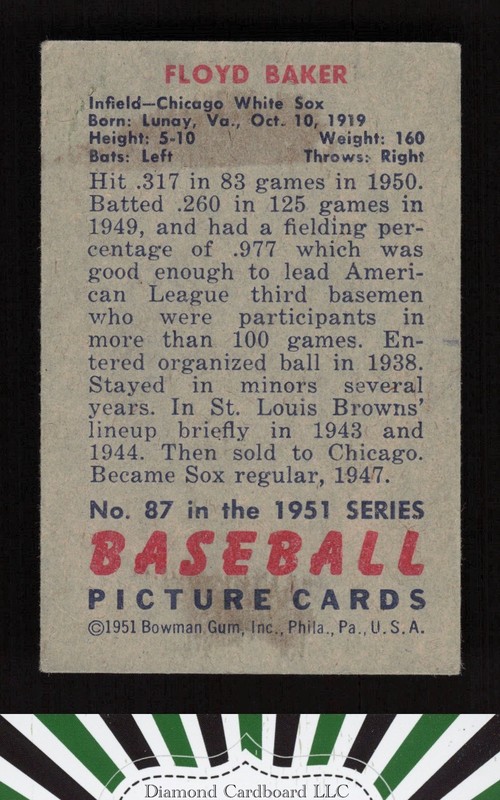 1951 Bowman #87 Floyd Baker VG, back