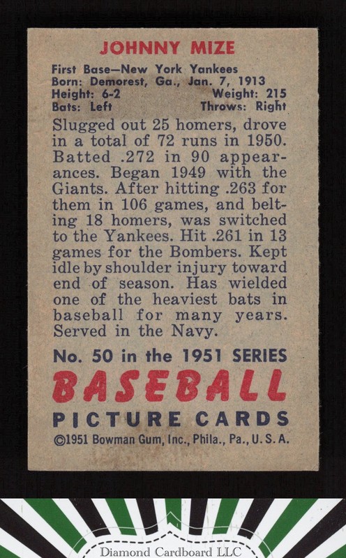 1951 Bowman #50 Johnny Mize VGEX c, back
