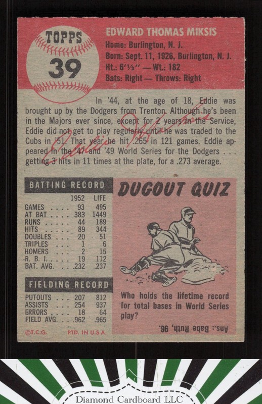 1953 Topps #39 Eddie Miksis EXMT [CENTERED] h, back
