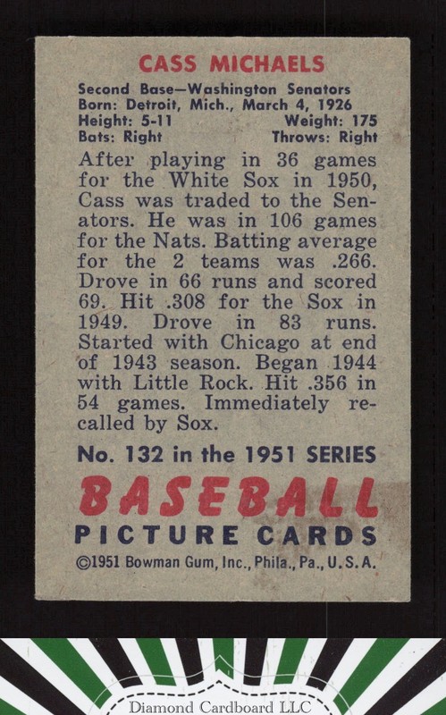 1951 Bowman #132 Cass Michaels VGEX+, back