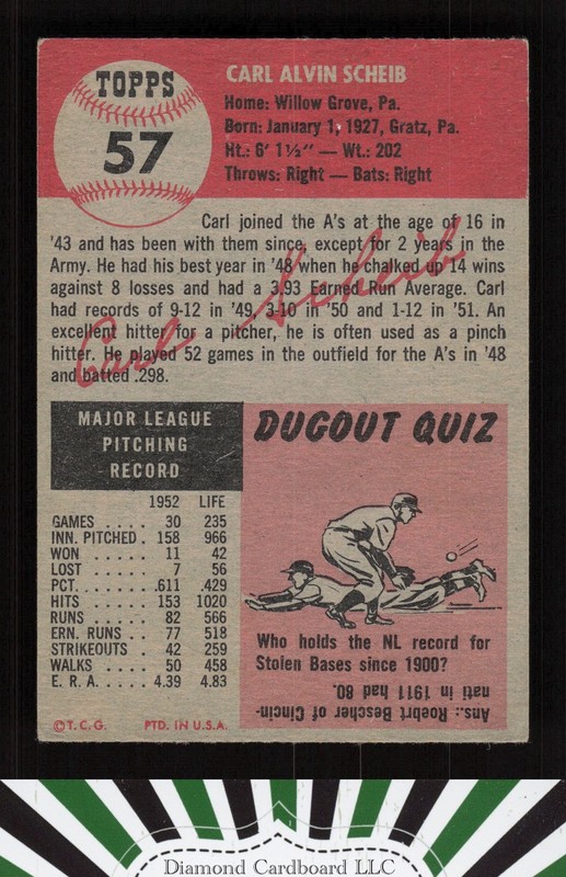 1953 Topps #57 Carl Scheib GD b, back