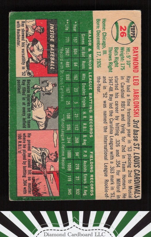 1954 Topps #26 Ray Jablonski VGEX (MC) l, back