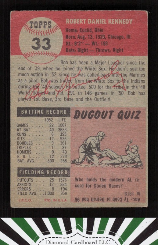 1953 Topps #33 Bob Kennedy VG b, back