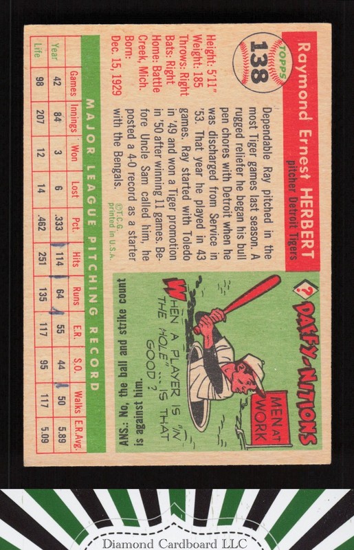 1955 Topps #138 Ray Herbert VGEX n, back