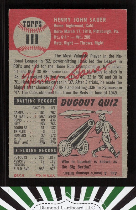 1953 Topps #111 Hank Sauer : Bio uses white text VGEX d, back