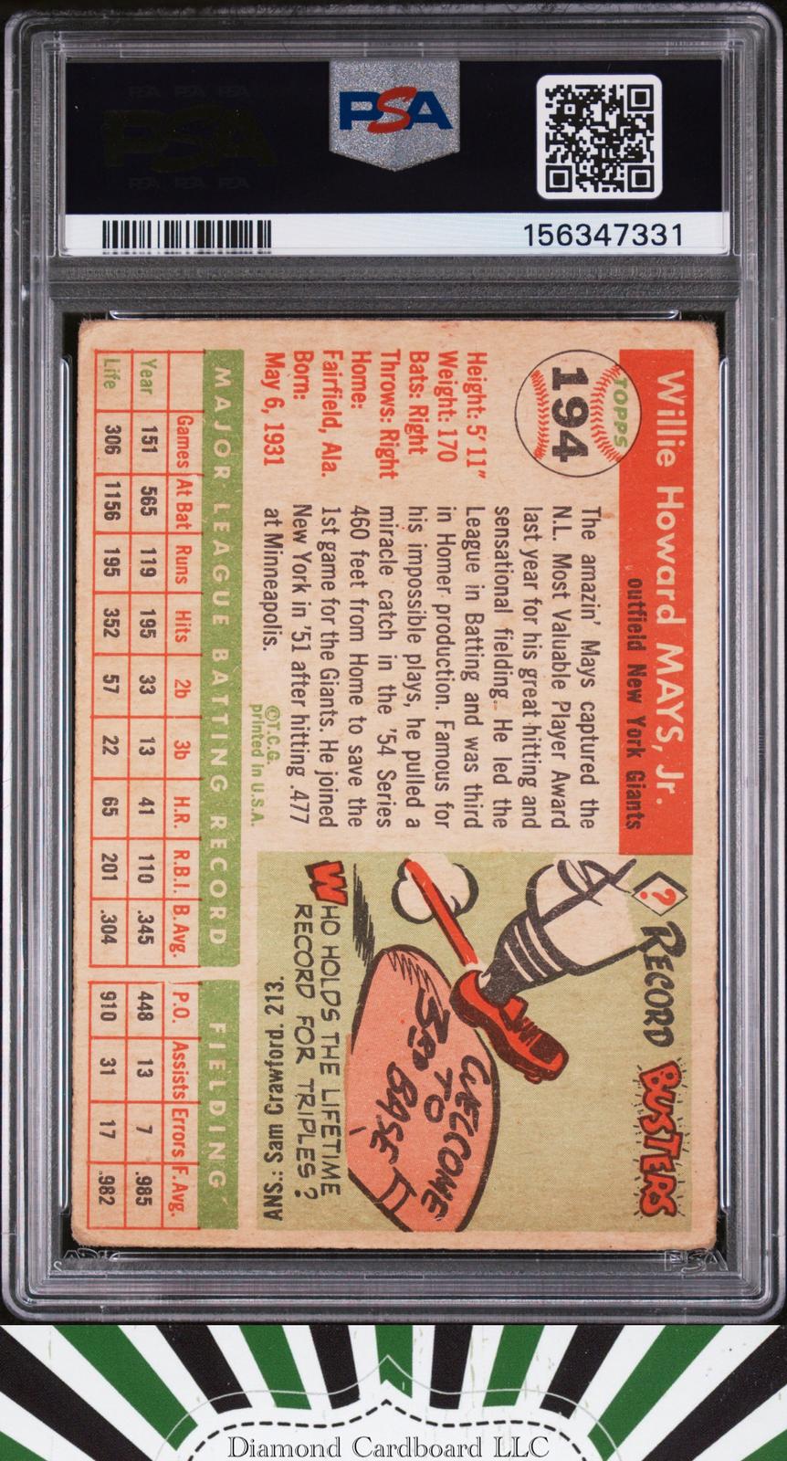 1955 Topps #194 Willie Mays PSA 1.5, back
