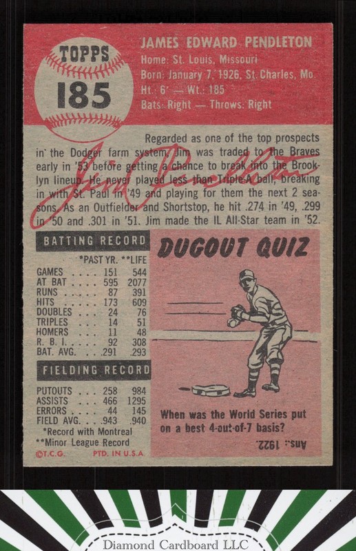 1953 Topps #185 Jim Pendleton VG+ [STUNNING] i, back