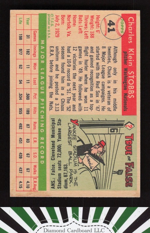 1955 Topps #41 Chuck Stobbs VGEX d, back