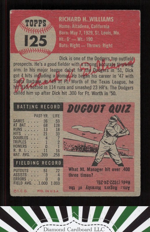 1953 Topps #125 Dick Williams : Bio uses white text VG+ h, back