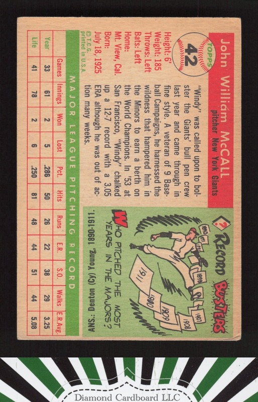 1955 Topps #42 Windy McCall VGEX b, back