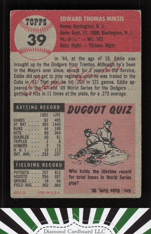 1953 Topps #39 Eddie Miksis GD+ c, back