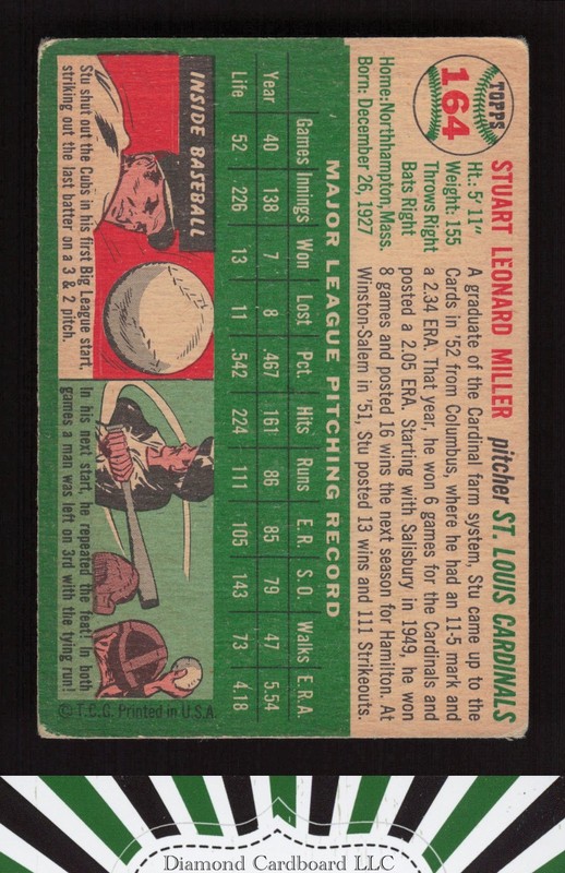 1954 Topps #164 Stu Miller VG c, back