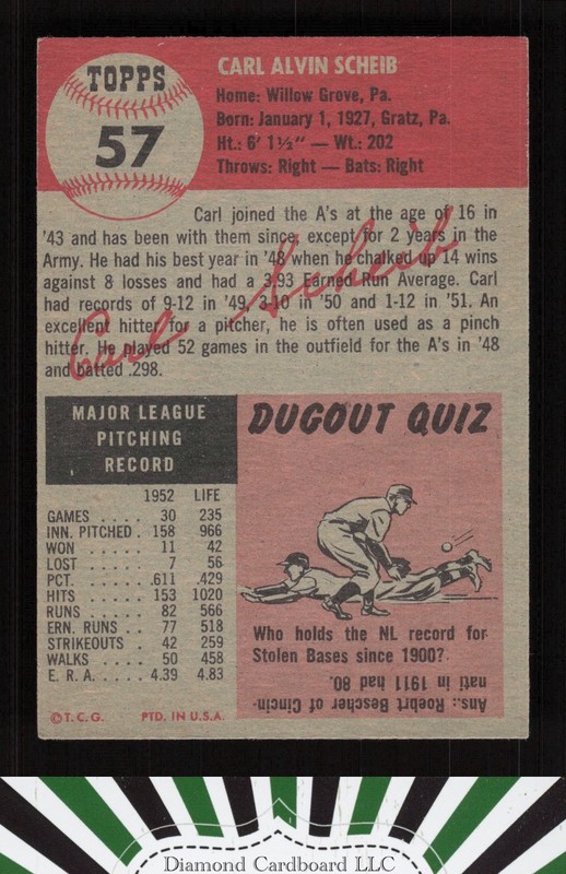 1953 Topps #57 Carl Scheib VGEX+ d, back
