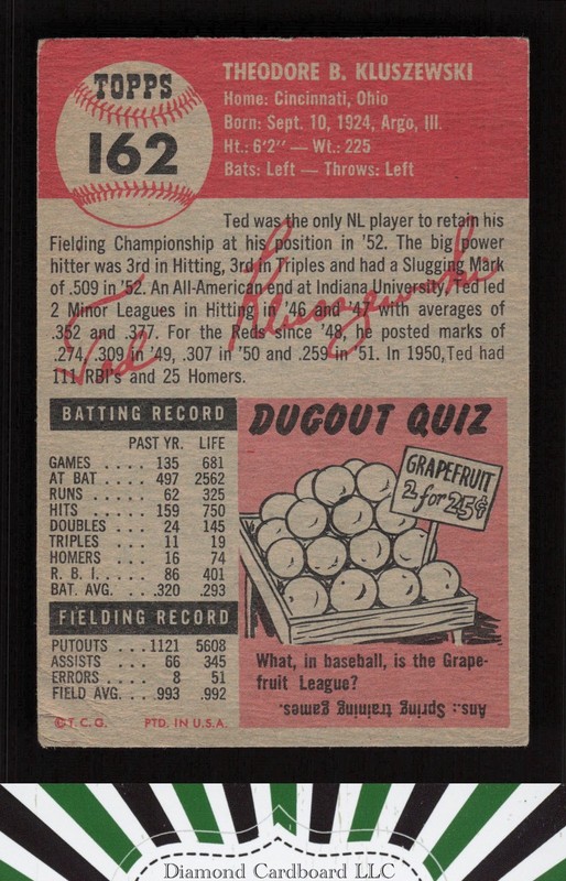 1953 Topps #162 Ted Kluszewski : Bio uses white text GD c, back
