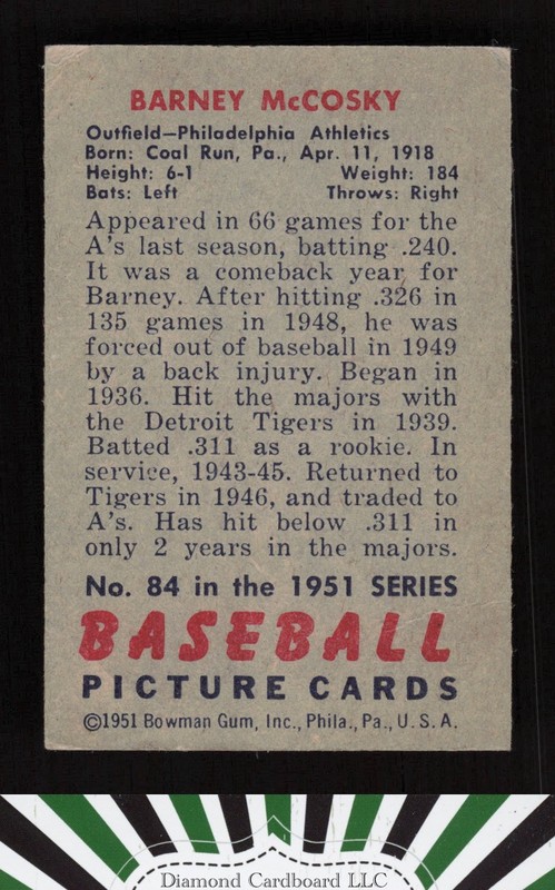 1951 Bowman #84 Barney McCosky VG, back