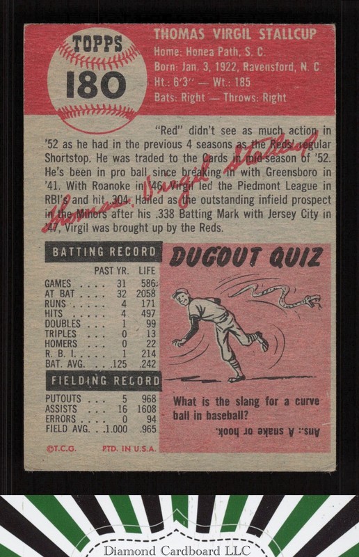 1953 Topps #180 Virgil Stallcup VG d, back