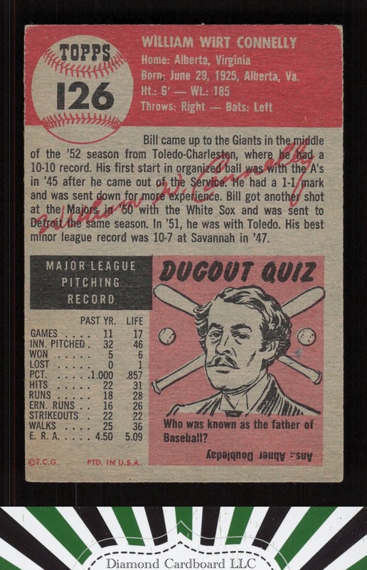 1953 Topps #126 Bill Connelly : Bio uses white text VGEX f, back