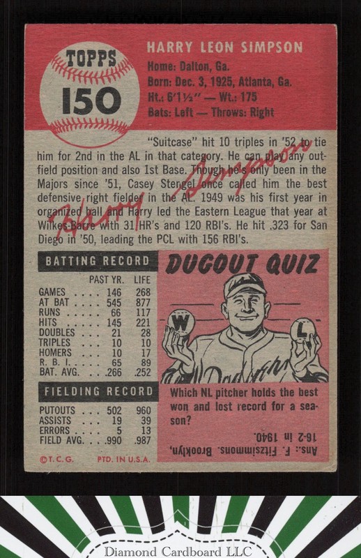 1953 Topps #150 Harry Simpson : Bio uses black text VGEX h, back