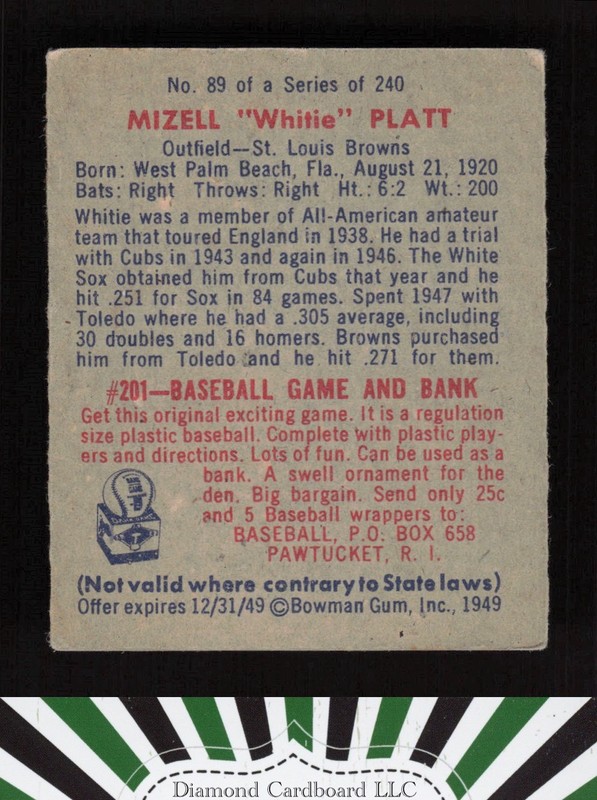 1949 Bowman #89 Mizell "Whitie" Platt VGEX a, back