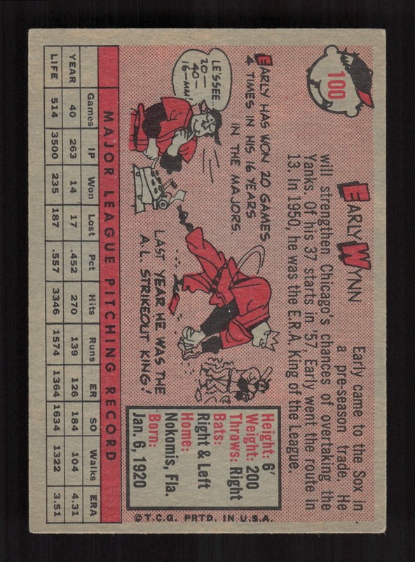 1958 Topps #100 Early Wynn White Letters VGEX+ l, back