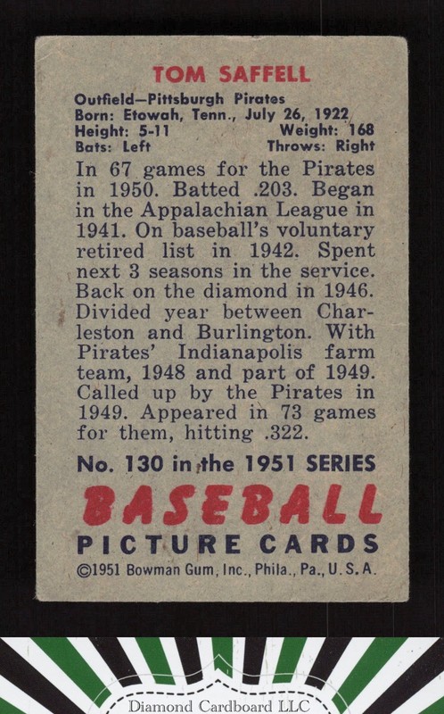 1951 Bowman #130 Tom Saffell VG+, back