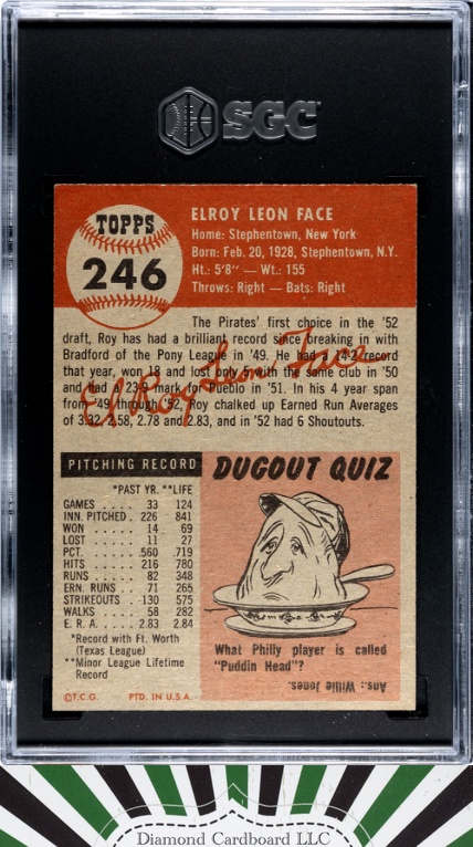 1953 Topps #246 Roy Face SGC 7, back