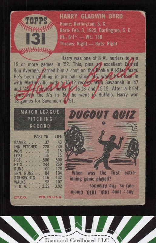 1953 Topps #131 Harry Byrd : Bio uses white text FR a, back