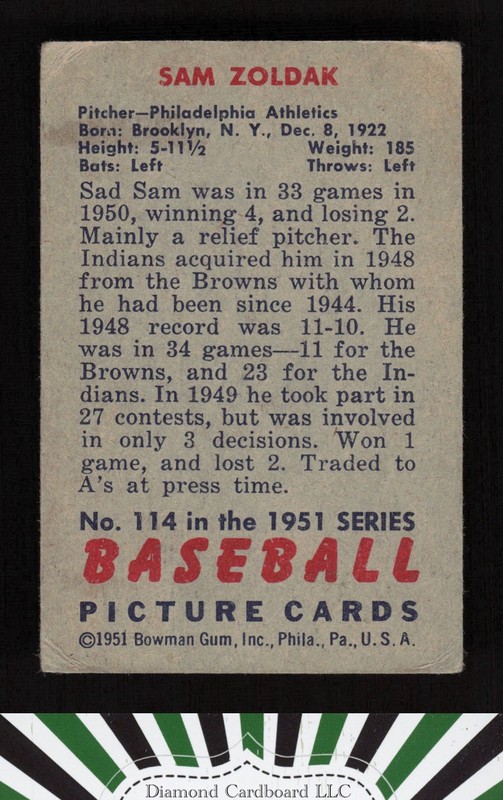 1951 Bowman #114 Sam Zoldak GD, back