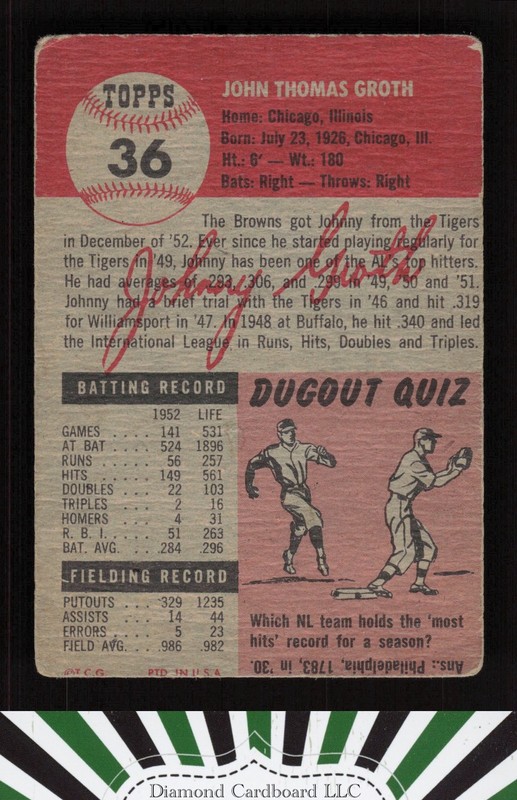 1953 Topps #36 Johnny Groth GD a, back
