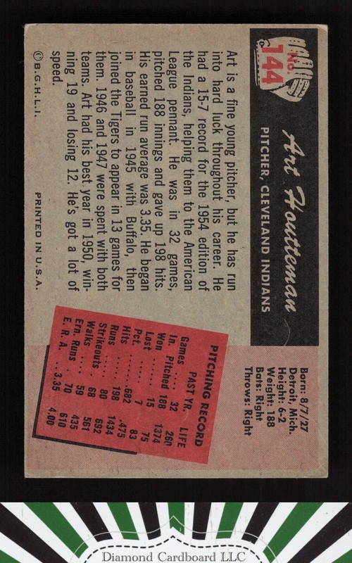 1955 Bowman #144 Art Houtteman VGEX, back