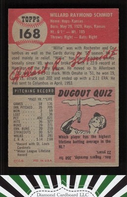 1953 Topps #168 Willard Schmidt EXMT+ h, back