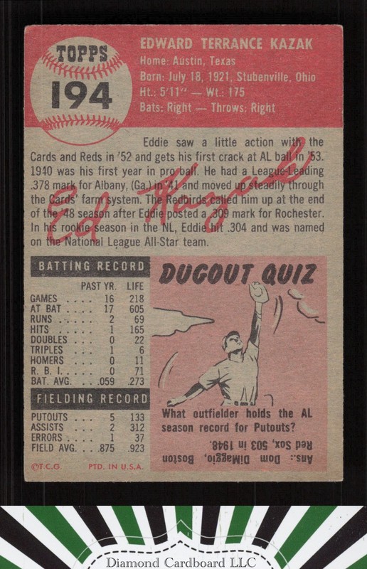 1953 Topps #194 Eddie Kazak VGEX+ f, back
