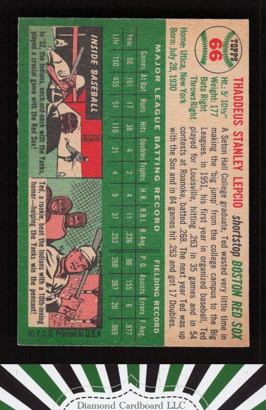 1954 Topps #66 Ted Lepcio VGEX+ g, back