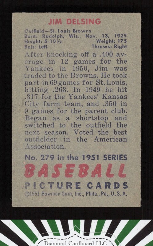 1951 Bowman #279 Jim Delsing VG, back