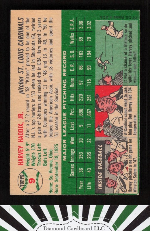 1954 Topps #9 Harvey Haddix VGEX m, back